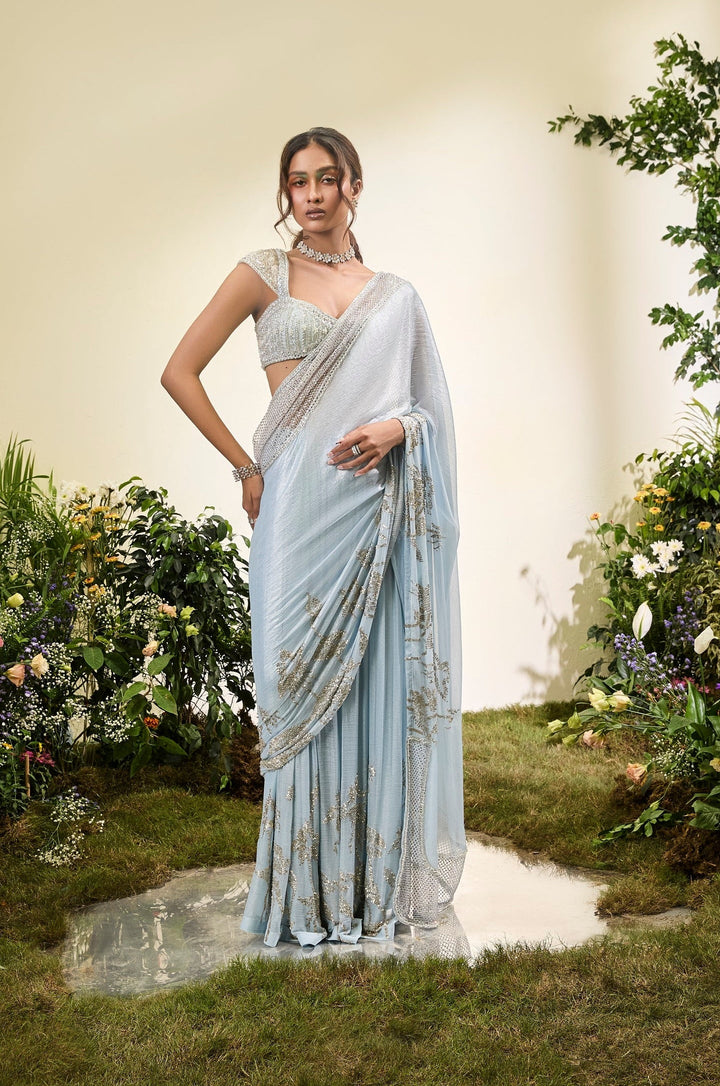 Powder Blue Chiffon Pant Saree With Beaded Blouse