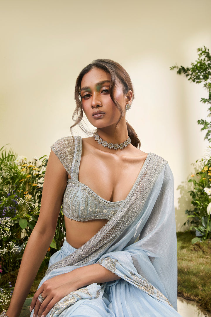 Powder Blue Chiffon Pant Saree With Beaded Blouse