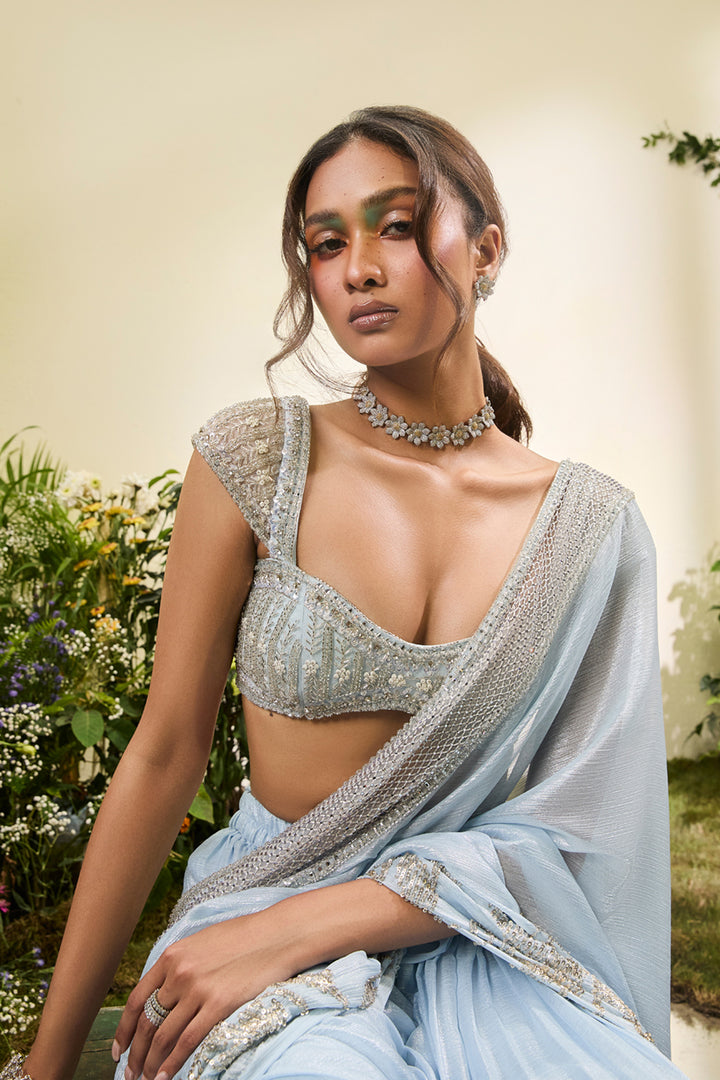 Powder Blue Chiffon Pant Saree With Beaded Blouse
