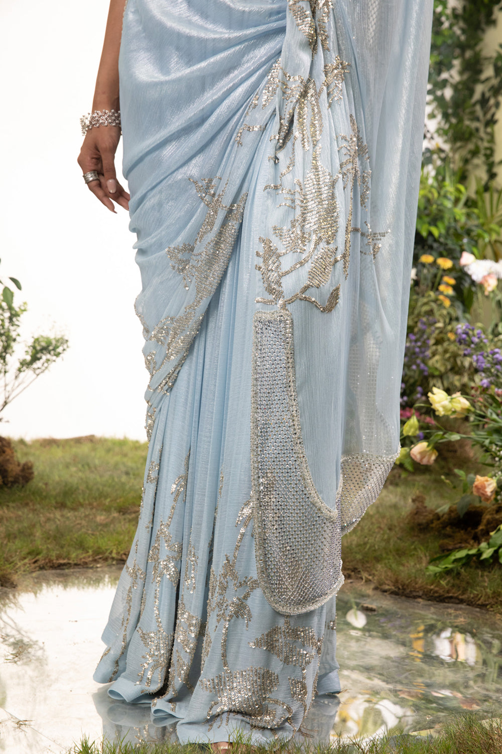 Powder Blue Chiffon Pant Saree With Beaded Blouse