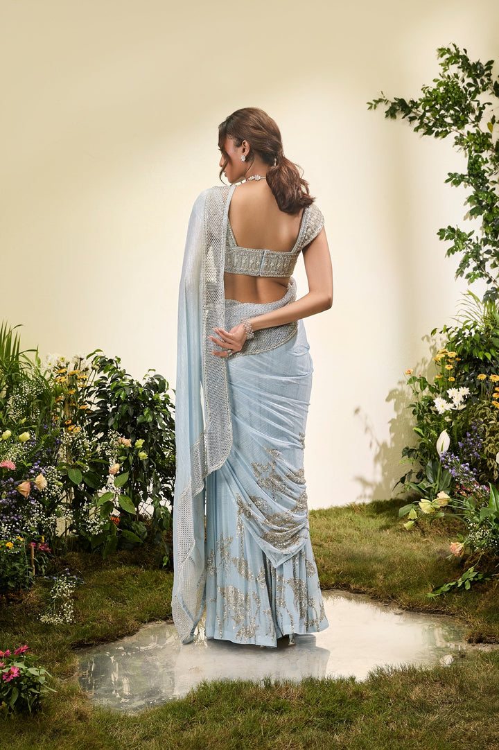 Powder Blue Chiffon Pant Saree With Beaded Blouse
