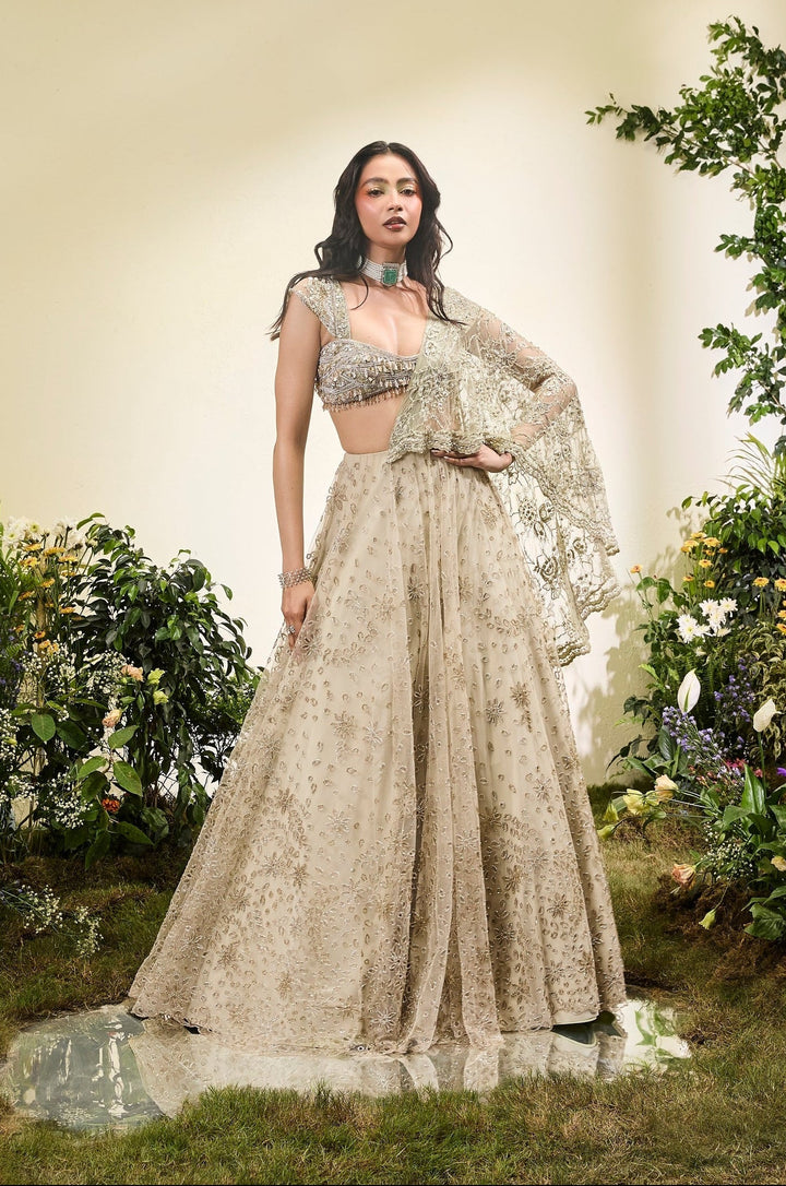 Mint Green Cutwork Lehenga Saree With Lace Aanchal And Beaded Blouse with Tassels