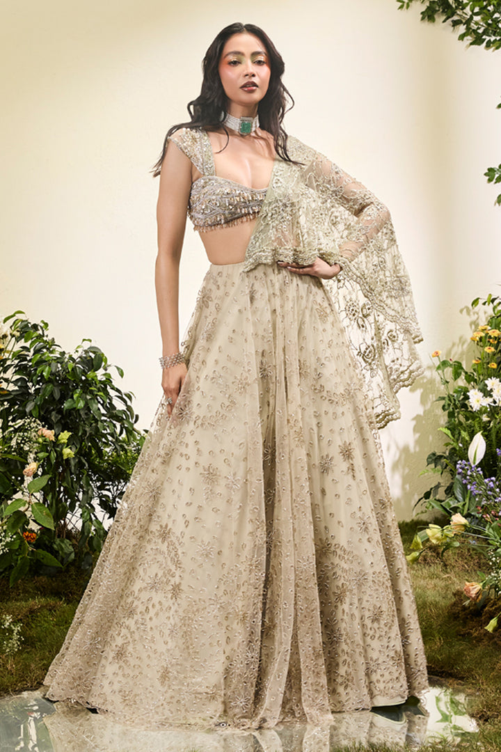 Mint Green Cutwork Lehenga Saree With Lace Aanchal And Beaded Blouse with Tassels