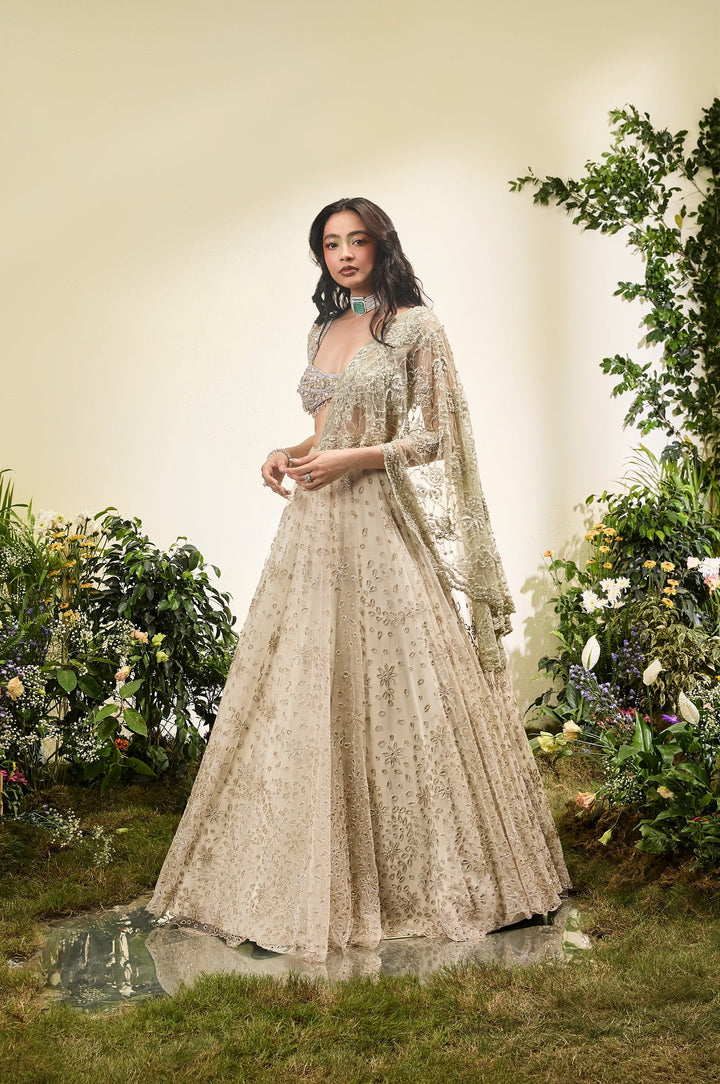 Mint Green Cutwork Lehenga Saree With Lace Aanchal And Beaded Blouse with Tassels