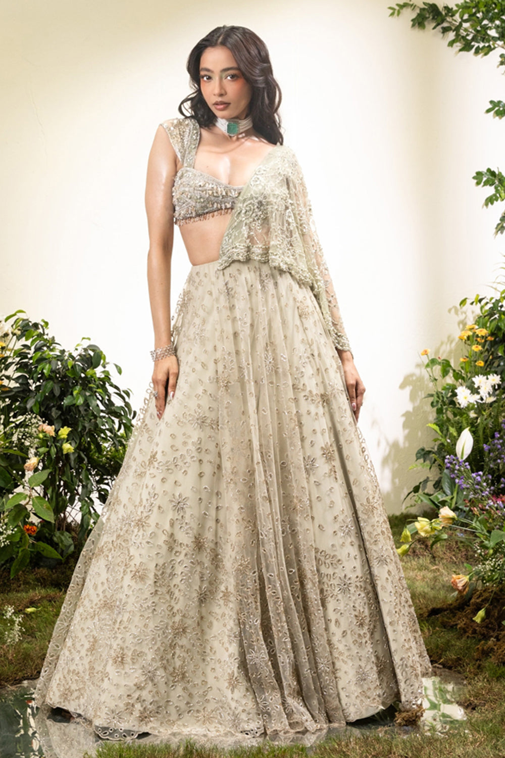 Mint Green Cutwork Lehenga Saree With Lace Aanchal And Beaded Blouse with Tassels