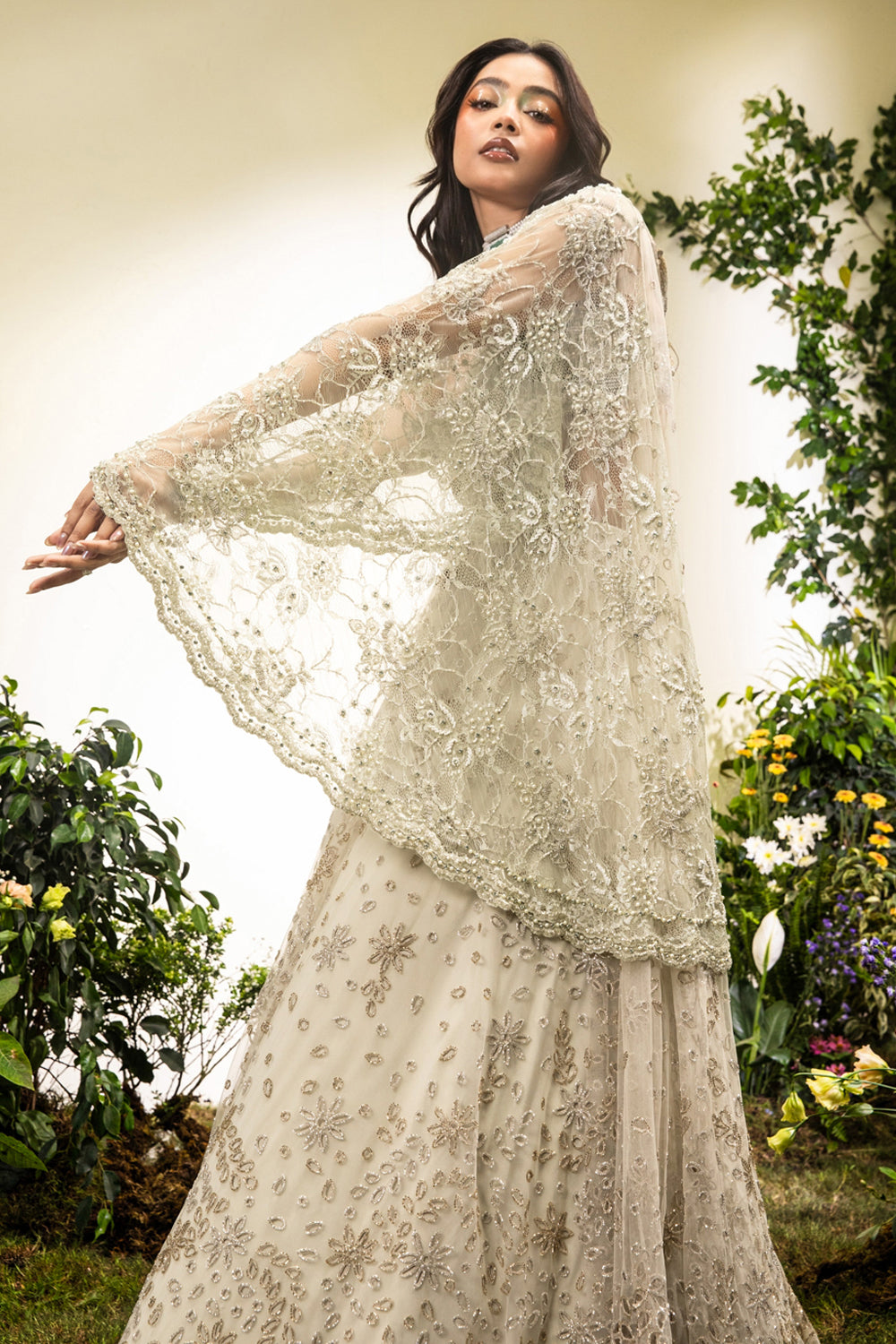 Mint Green Cutwork Lehenga Saree With Lace Aanchal And Beaded Blouse with Tassels