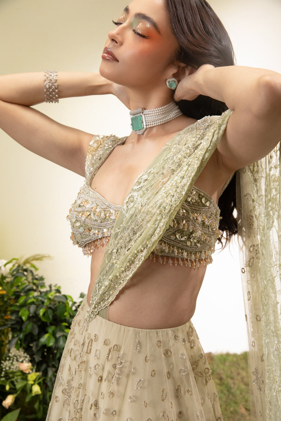 Mint Green Cutwork Lehenga Saree With Lace Aanchal And Beaded Blouse with Tassels