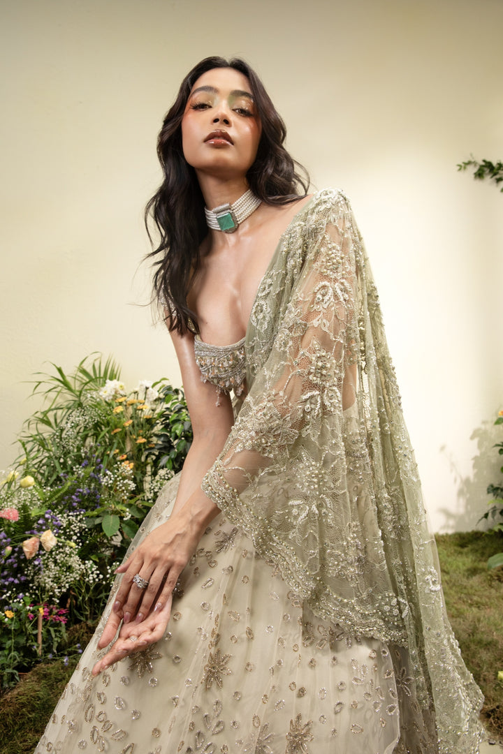 Mint Green Cutwork Lehenga Saree With Lace Aanchal And Beaded Blouse with Tassels