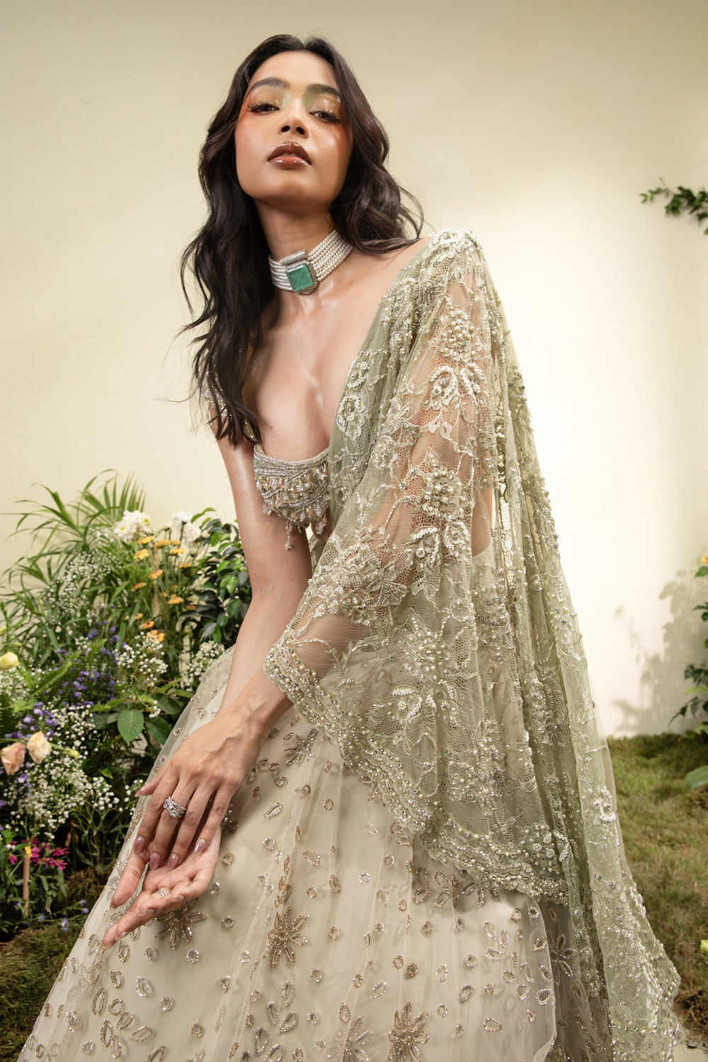 Mint Green Cutwork Lehenga Saree With Lace Aanchal And Beaded Blouse with Tassels