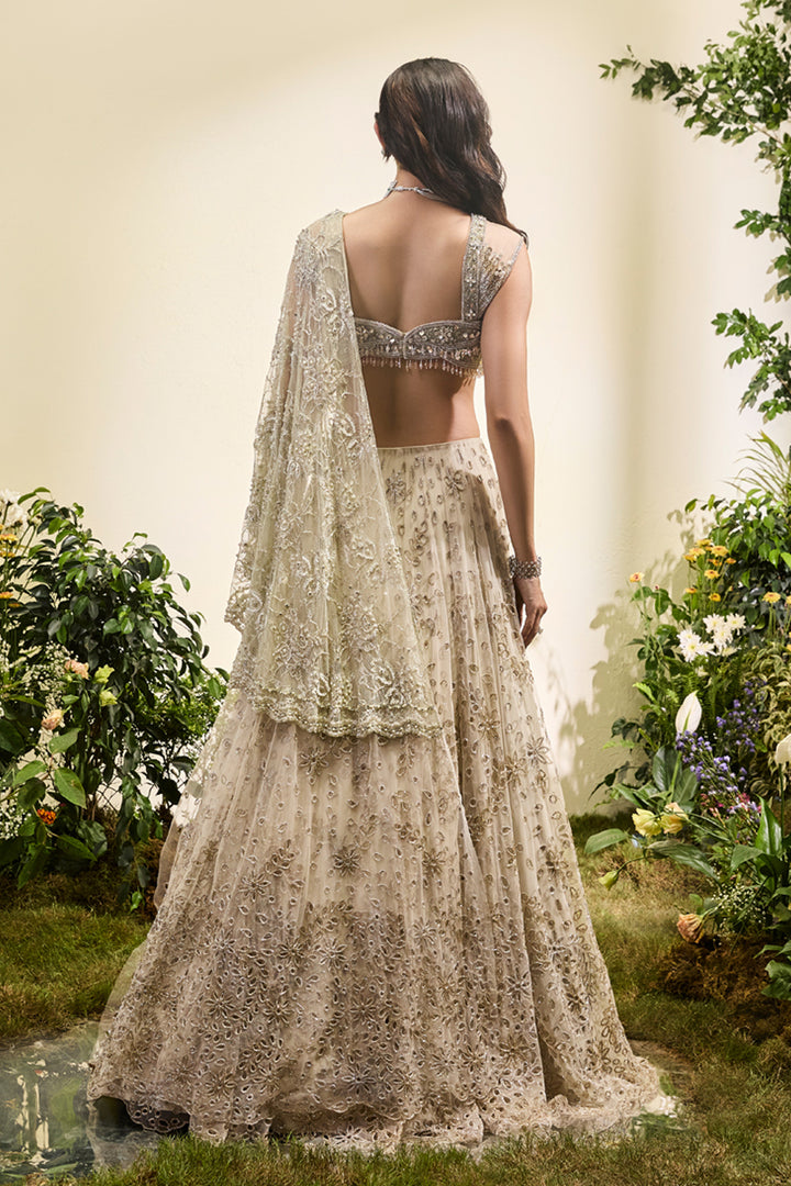 Mint Green Cutwork Lehenga Saree With Lace Aanchal And Beaded Blouse with Tassels