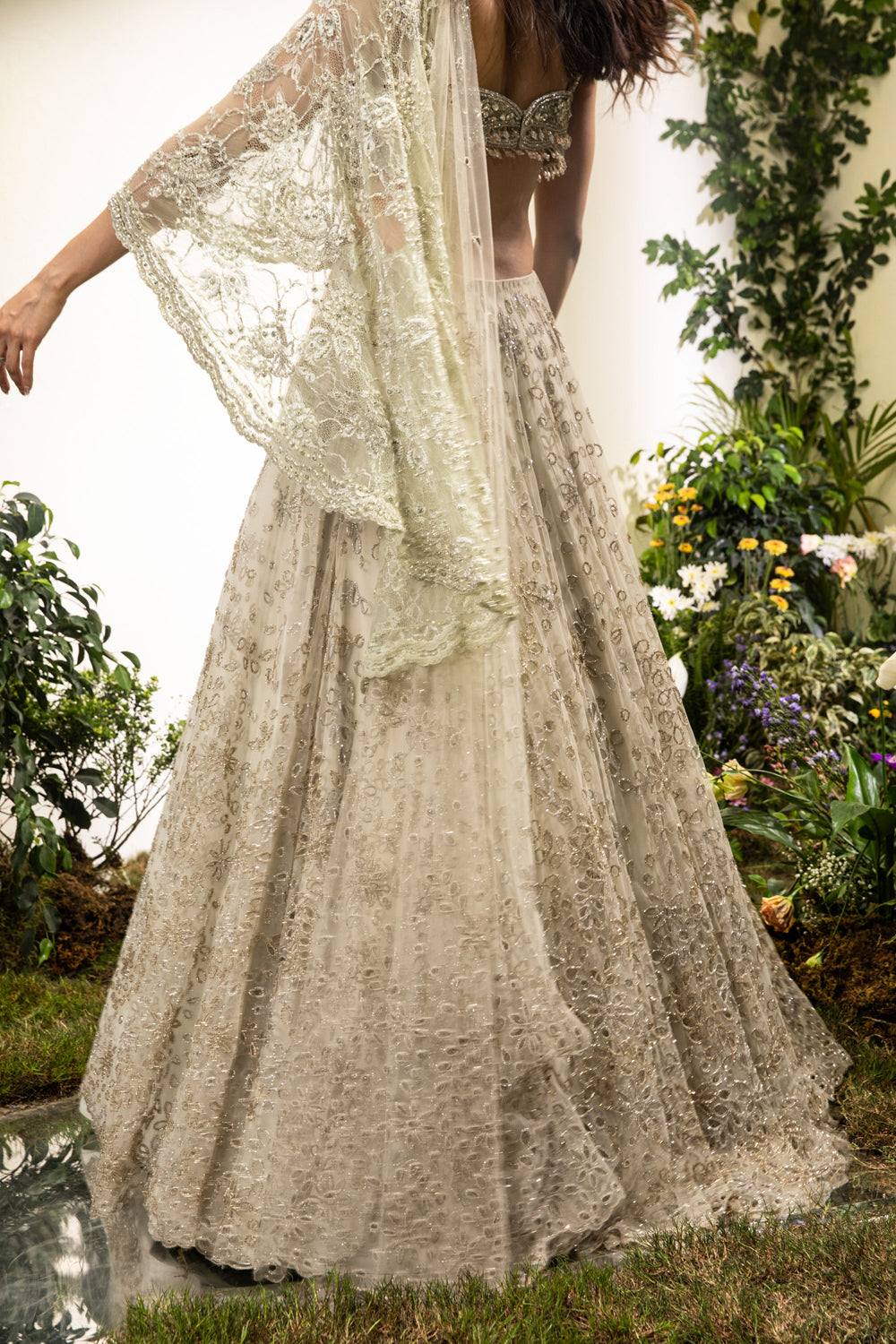 Mint Green Cutwork Lehenga Saree With Lace Aanchal And Beaded Blouse with Tassels