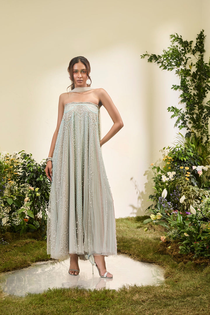 Multicolor Embellished Tent Dress With Tulle Stole