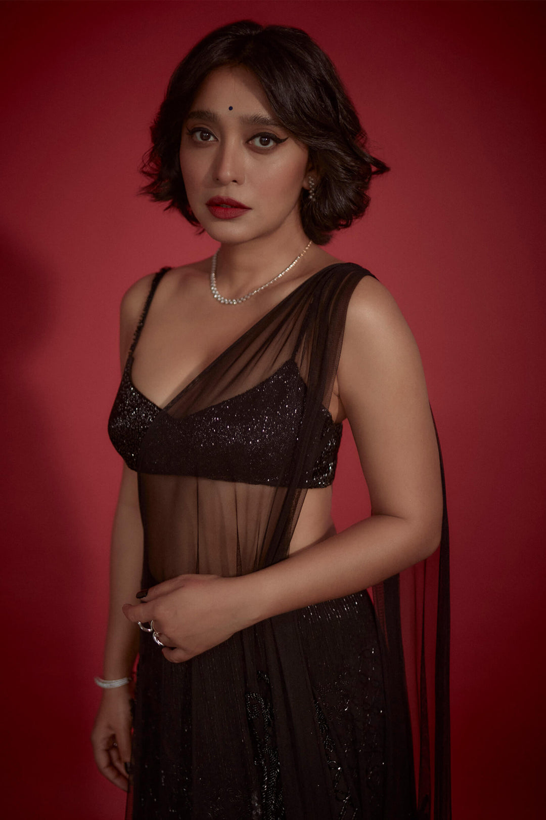 Black Tassel Saree With Beaded Blouse