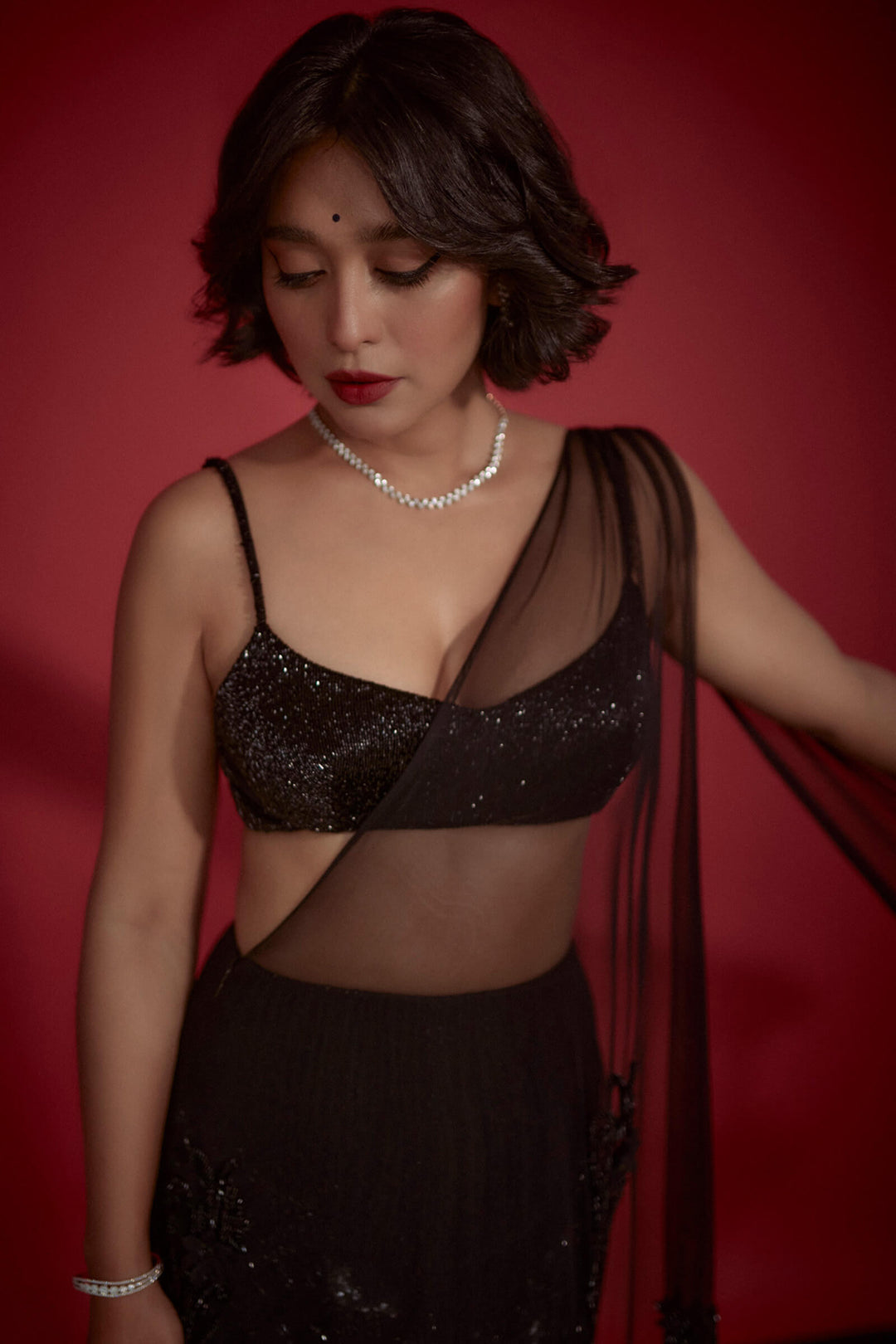 Black Tassel Saree With Beaded Blouse