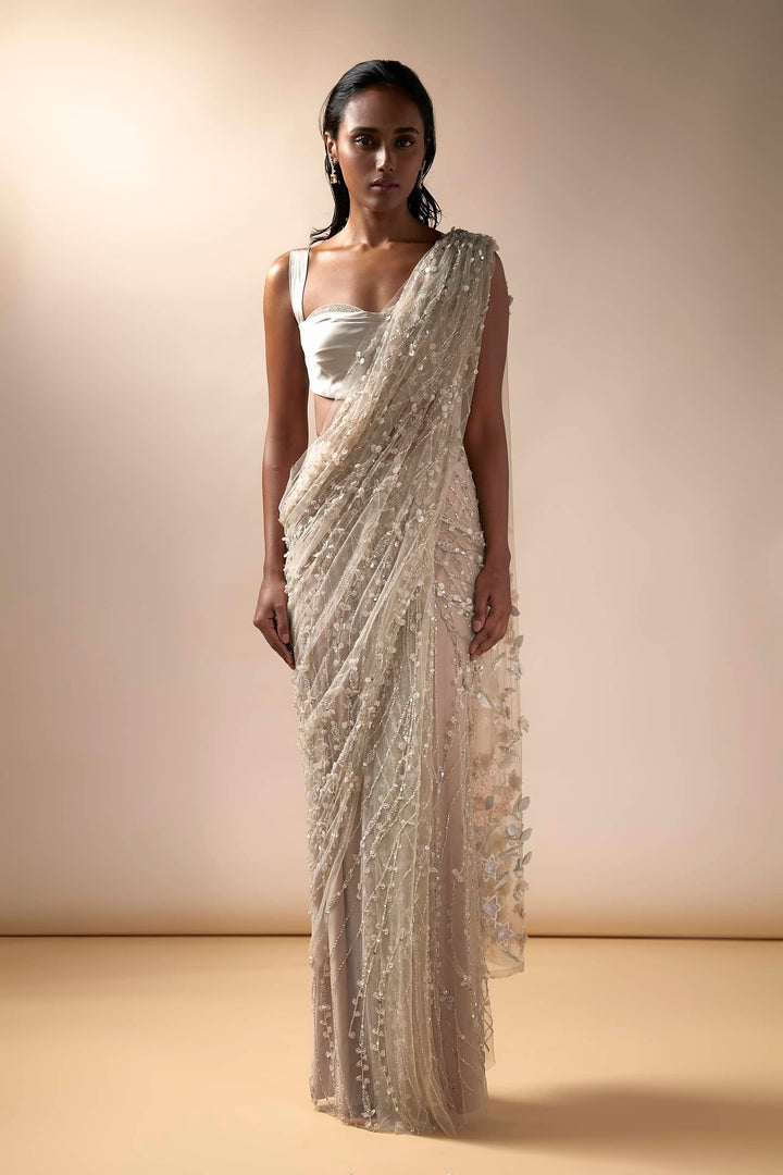 Sea Spray Saree With Stone Studded Satin Blouse (Nude)