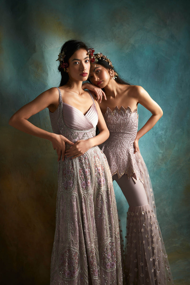 Pastel Pink Tulle Hand Embroidered Jumpsuit with Pleated Yoke