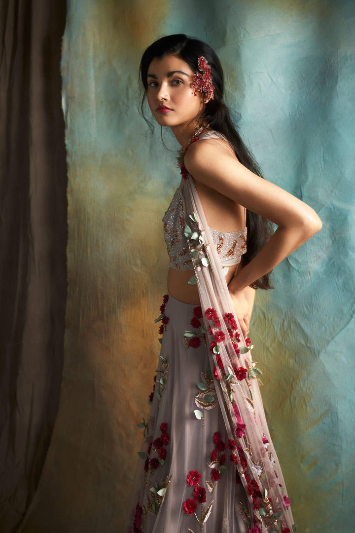 Pink Petunia Lehenga With Beaded Blouse And Dupatta