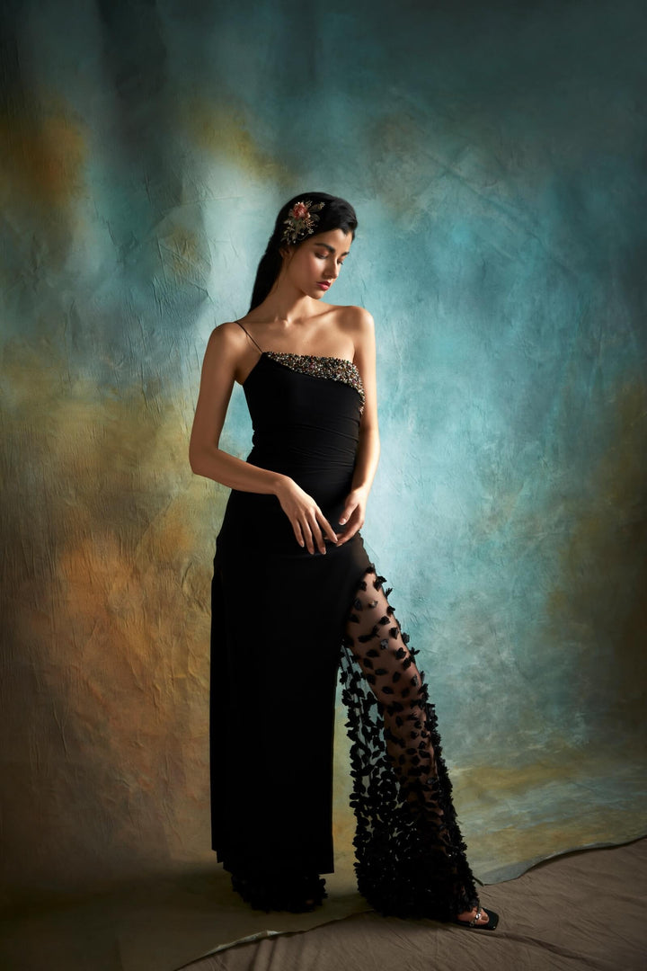 Black Jersey Slit Top With Petal Pants
