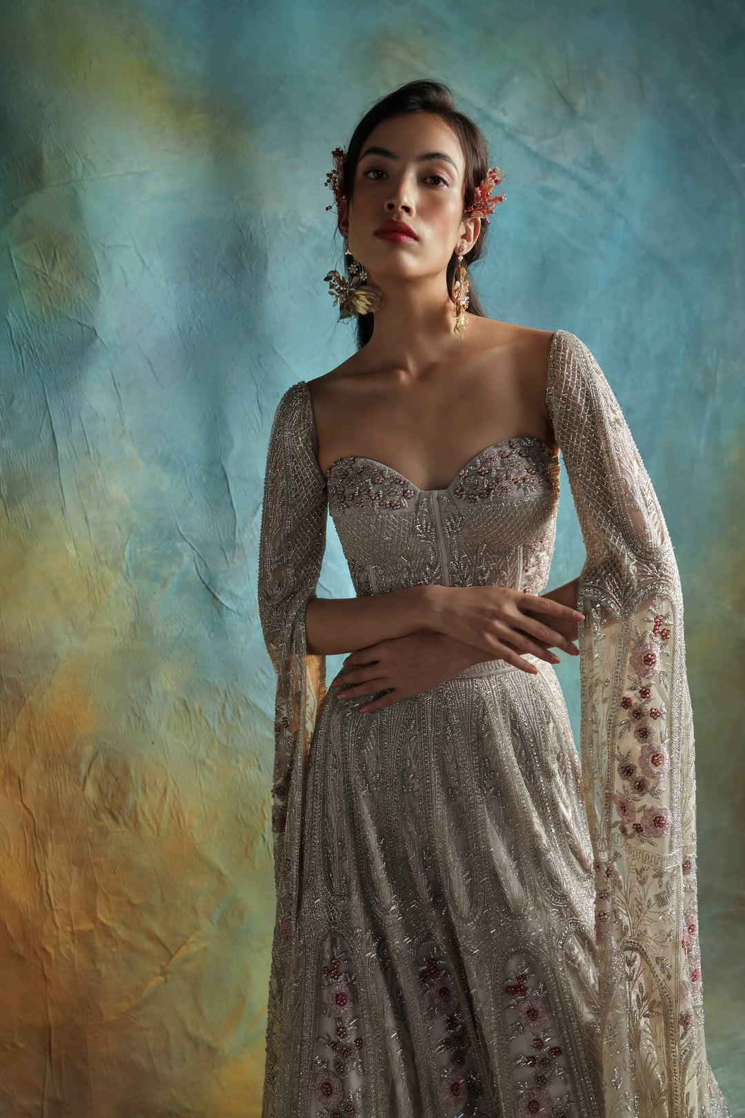 Grey Bagh Lehenga With Corset And Infinity Sleeves