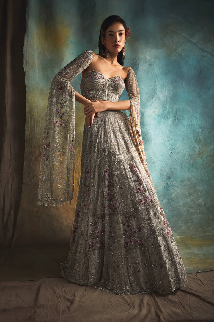Grey Bagh Lehenga With Corset And Infinity Sleeves