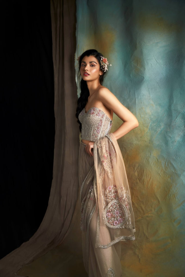Tulle Saree With Geometric Embroidery And Corset Blouse