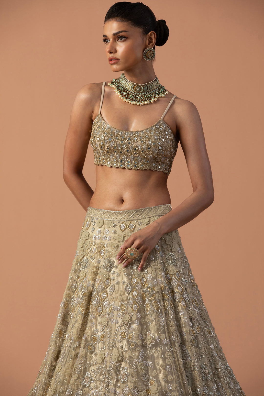 Gold Zoya Lehenga With 3D Embroidery And Mirror Work Blouse