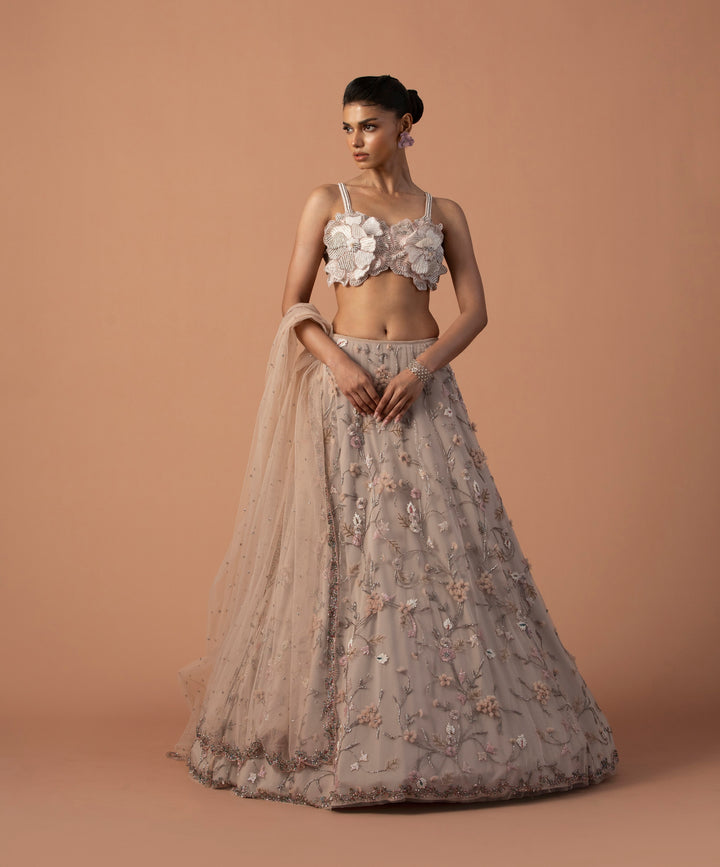 Pink 3D Tulle Flower Lehenga With Gardenia Blouse And Dupatta