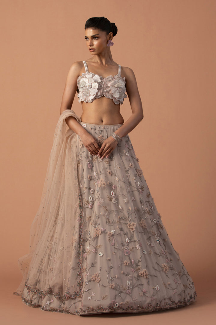 Pink 3D Tulle Flower Lehenga With Gardenia Blouse And Dupatta