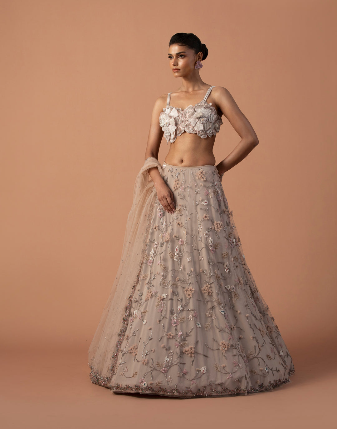 Pink 3D Tulle Flower Lehenga With Gardenia Blouse And Dupatta