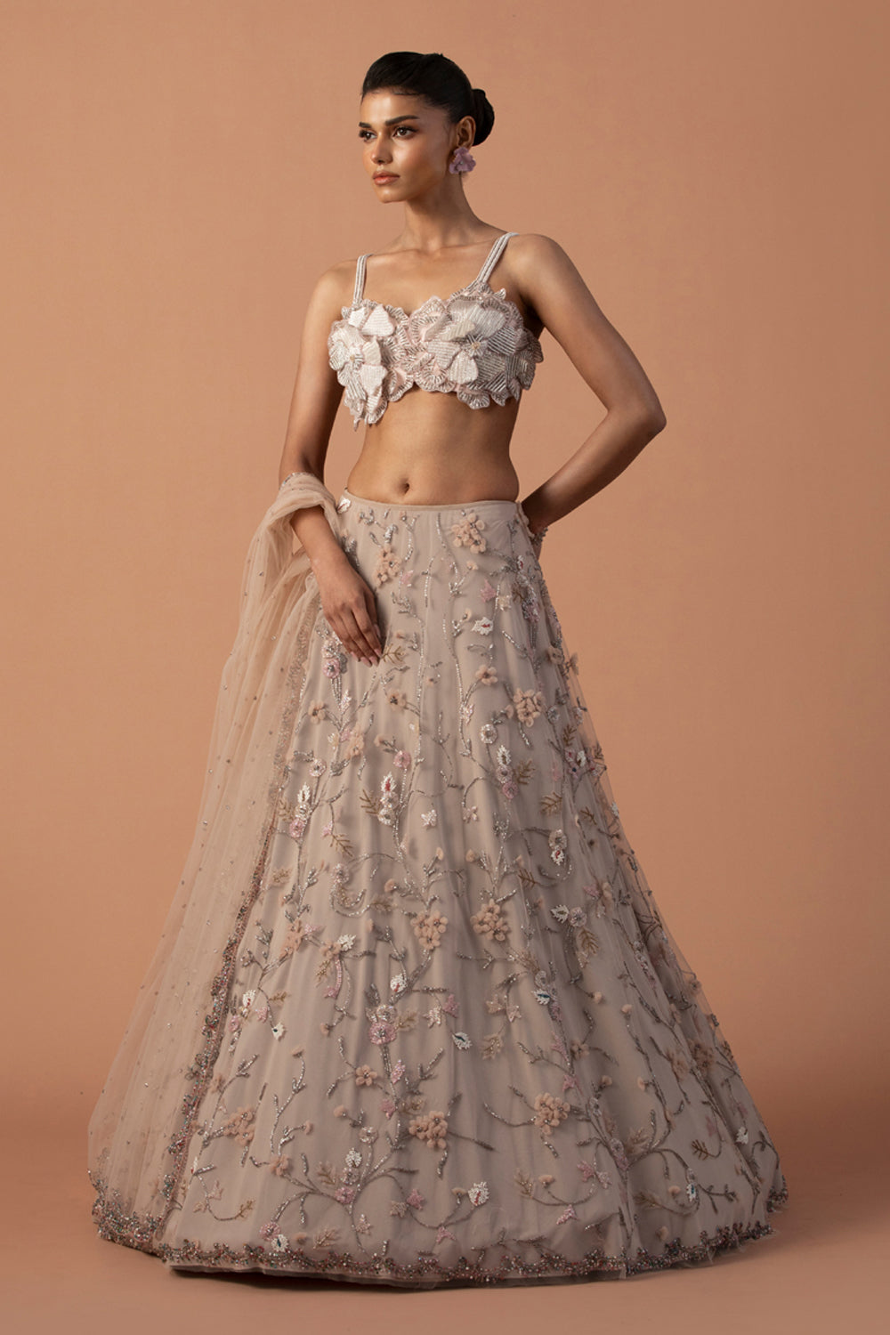 Pink 3D Tulle Flower Lehenga With Gardenia Blouse And Dupatta