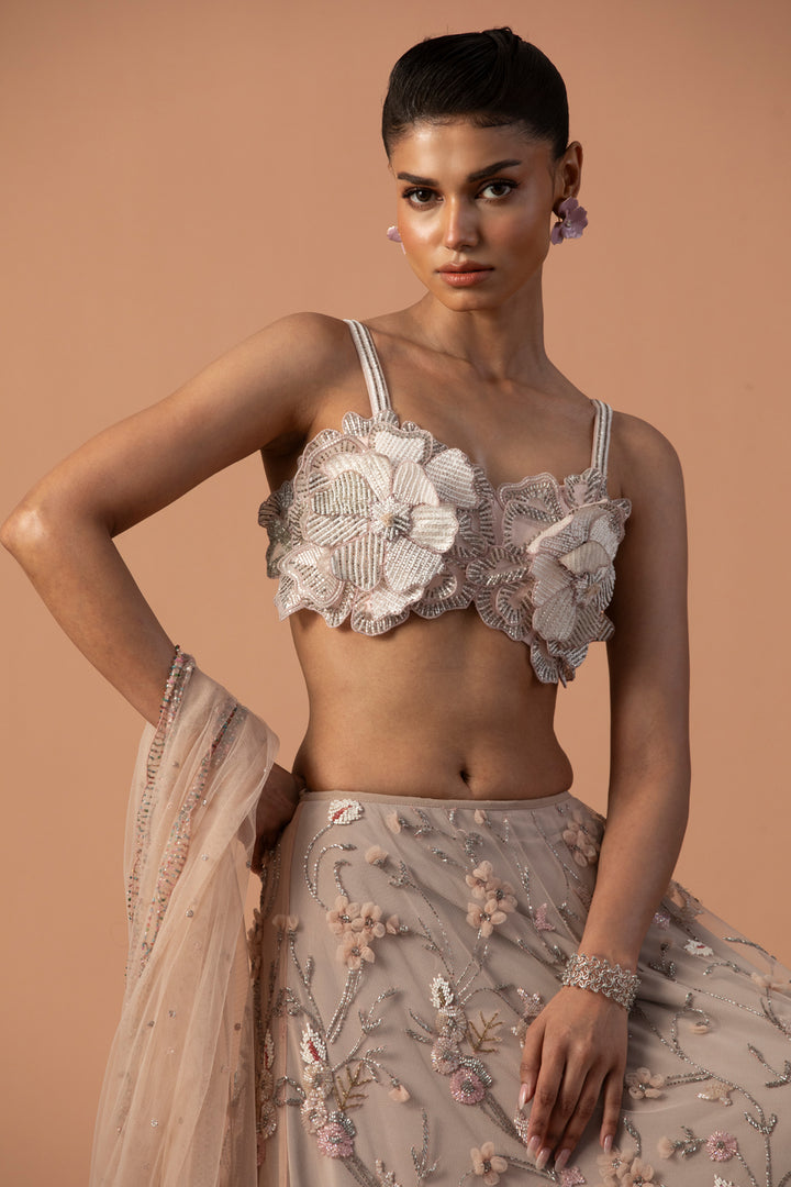 Pink 3D Tulle Flower Lehenga With Gardenia Blouse And Dupatta