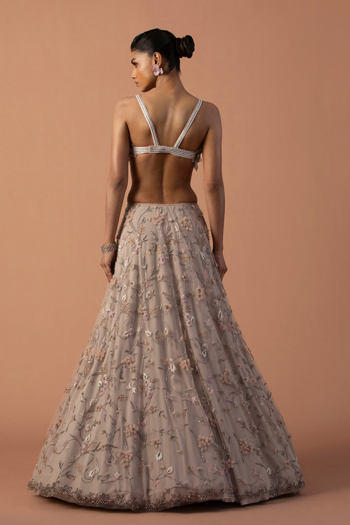 Pink 3D Tulle Flower Lehenga With Gardenia Blouse And Dupatta