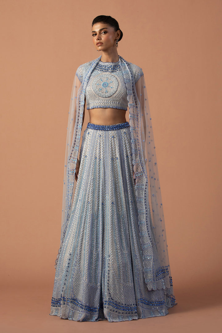 Grey Silk Organza Lehenga With Swarovski Stones And Bugle Beads, High Neck Blouse & Dupatta