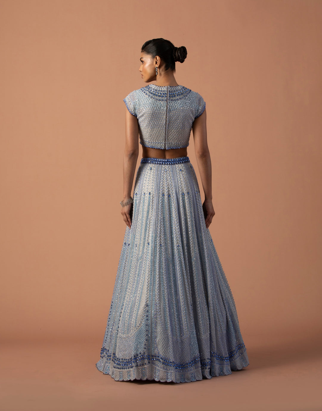 Grey Silk Organza Lehenga With Swarovski Stones And Bugle Beads, High Neck Blouse And Dupatta