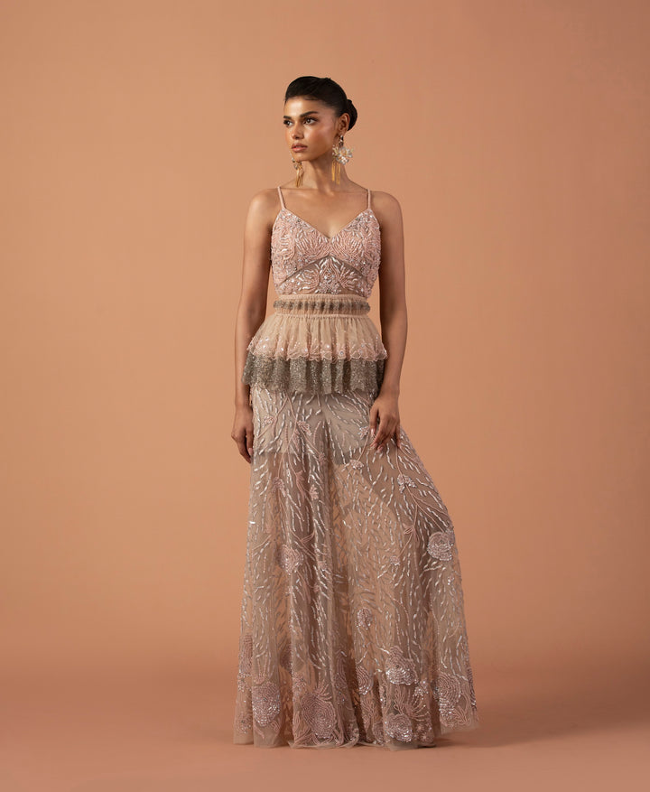 Blush Pink Trousers With Metallic Sequins And Layered Peplum Top