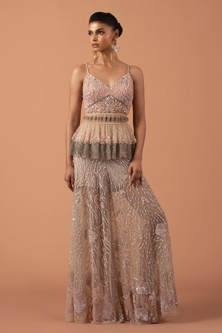 Blush Pink Trousers With Metallic Sequins And Layered Peplum Top