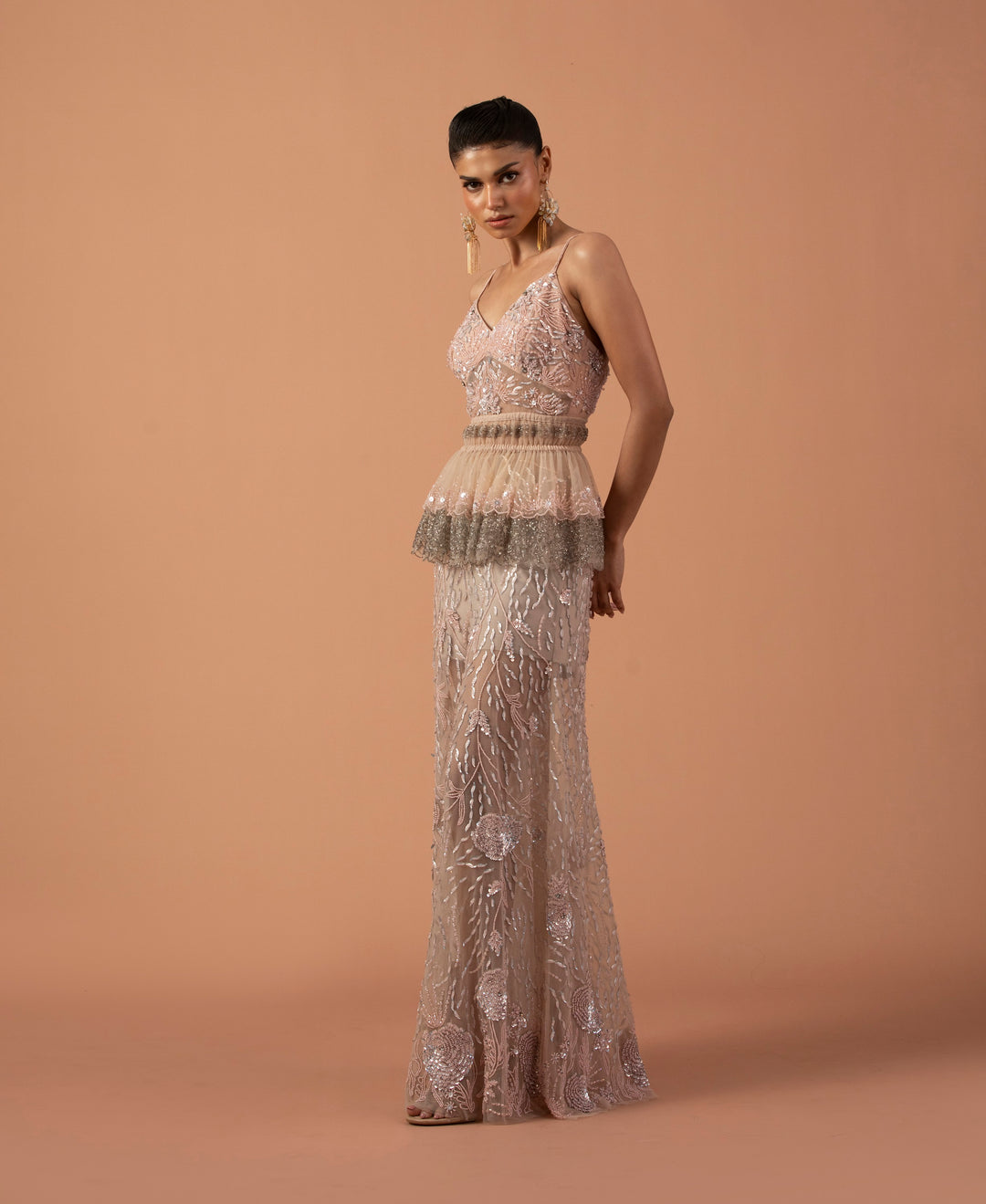 Blush Pink Trousers With Metallic Sequins And Layered Peplum Top