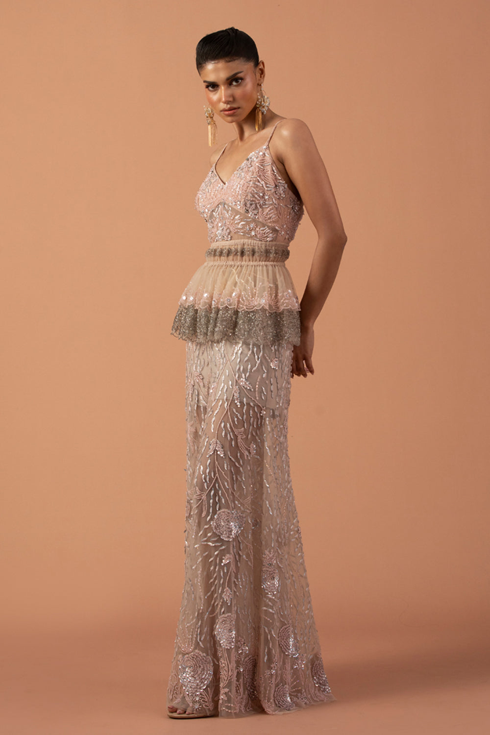 Blush Pink Trousers With Metallic Sequins And Layered Peplum Top