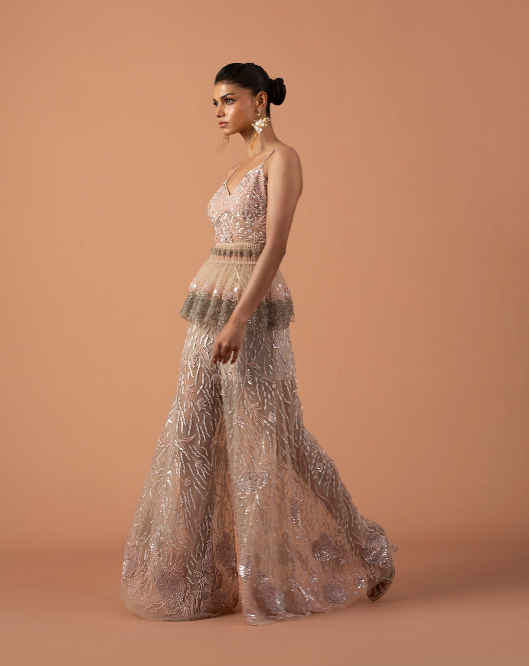 Blush Pink Trousers With Metallic Sequins And Layered Peplum Top