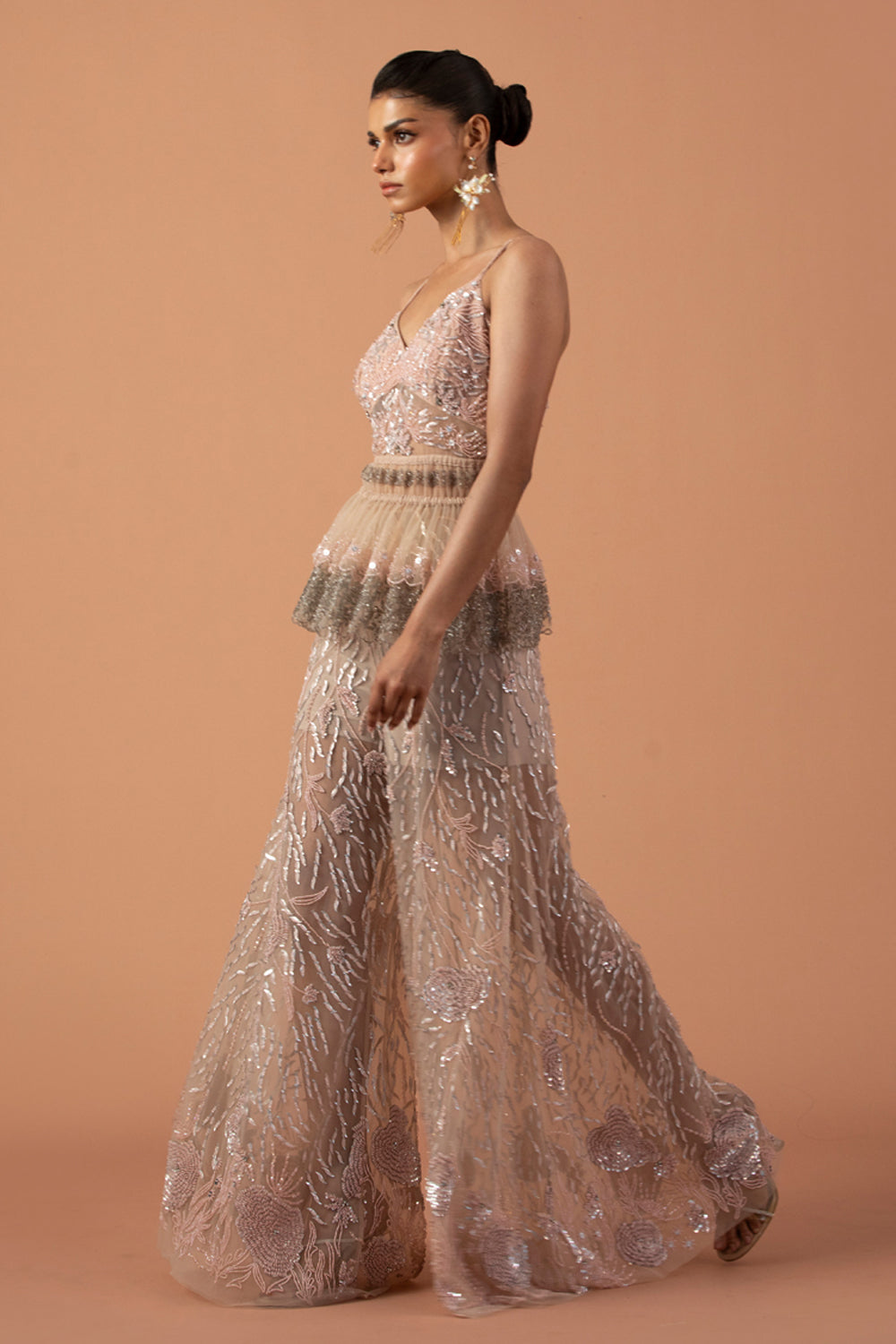 Blush Pink Trousers With Metallic Sequins And Layered Peplum Top