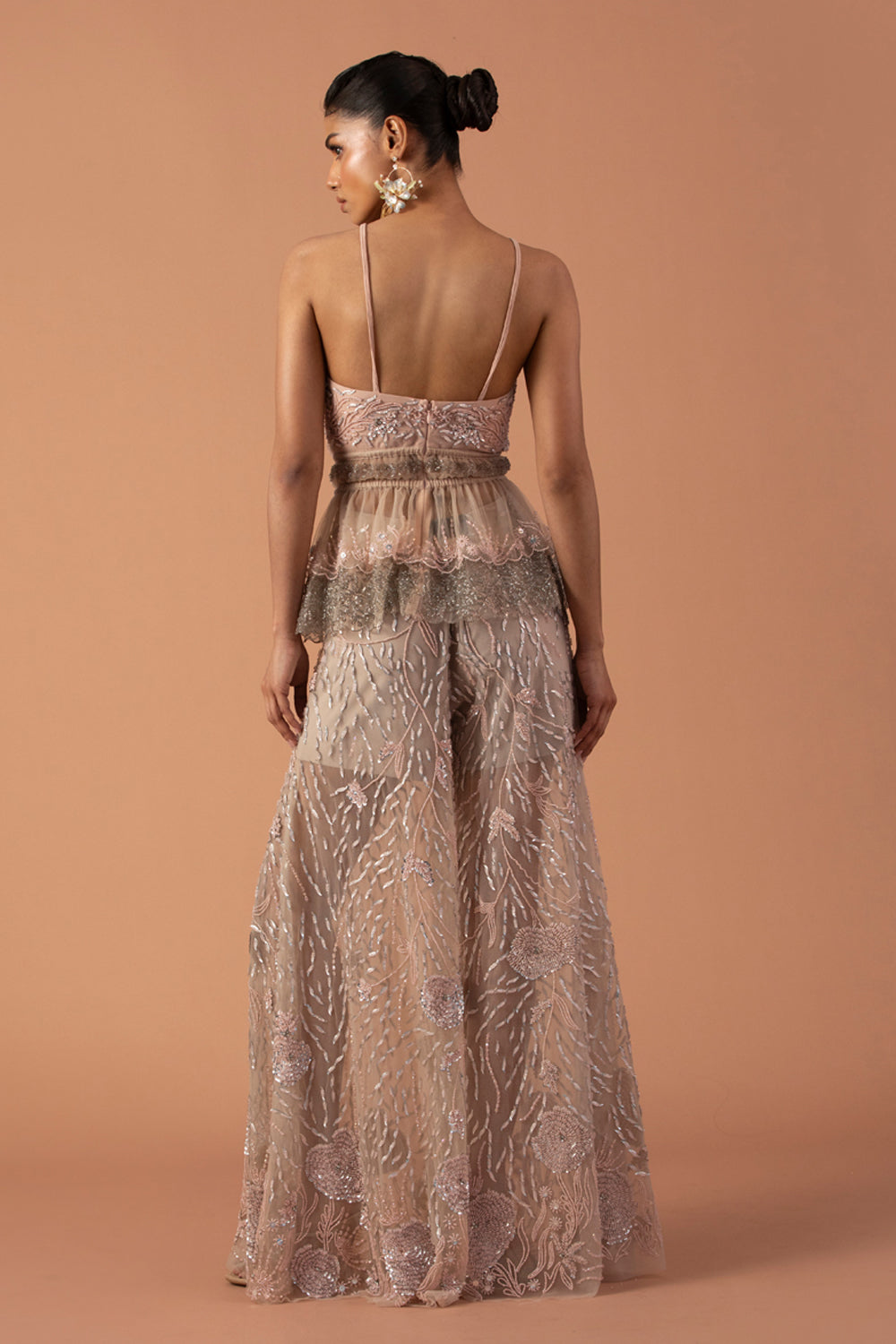 Blush Pink Trousers With Metallic Sequins And Layered Peplum Top