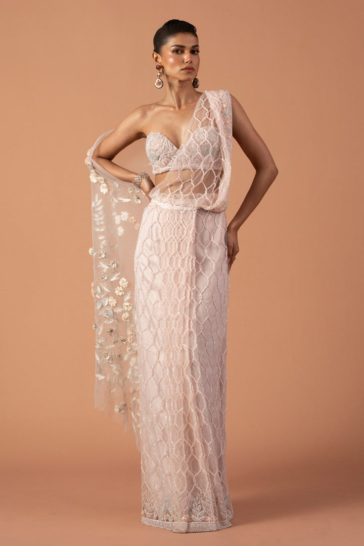 Rose Pink Drape Saree With 3D Flower Palla & Off Shoulder Thread-work Tube Blouse (Pre-stitched)