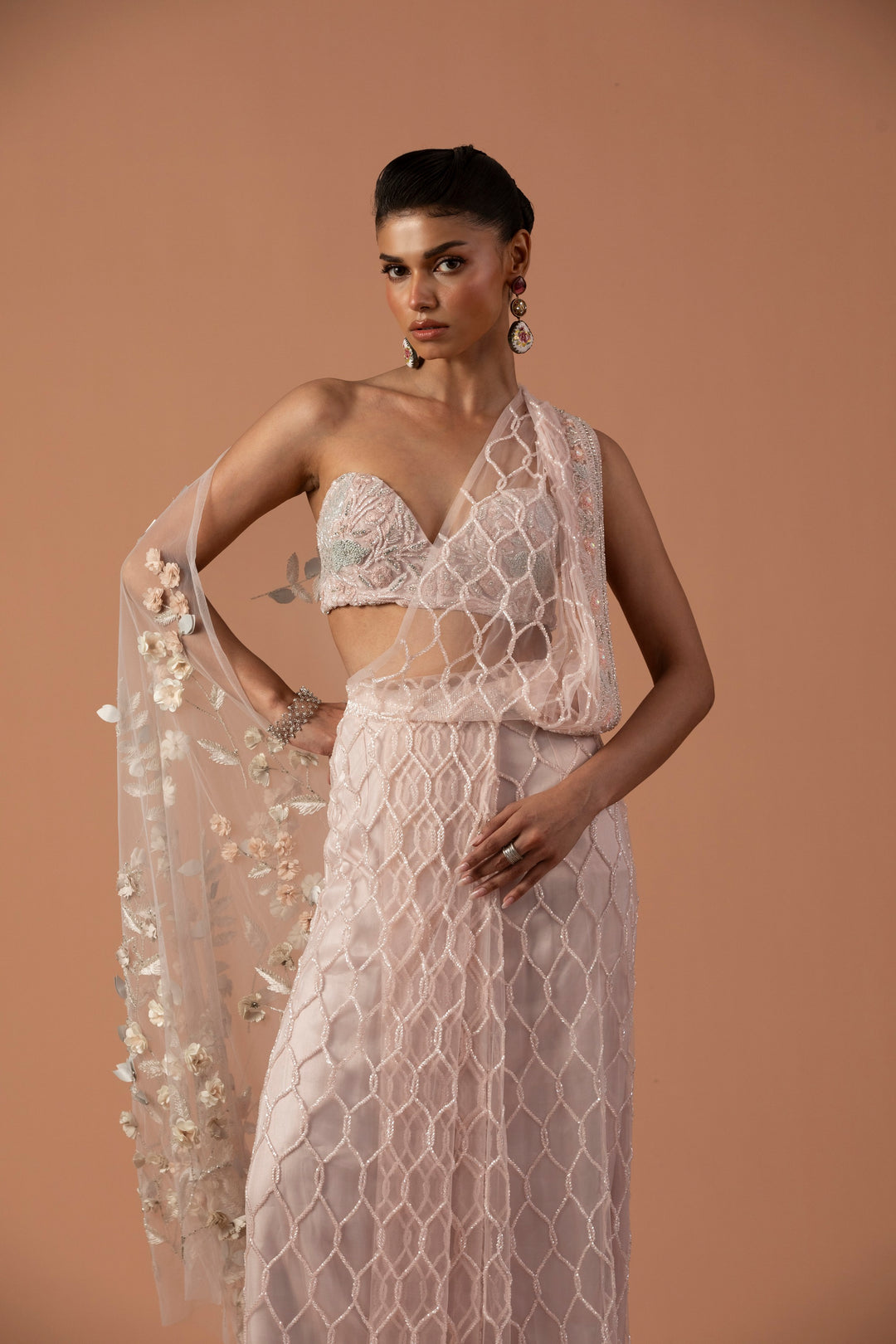 Rose Pink Pre-stitched Drape Saree With 3D Flower Palla And Off Shoulder Thread-work Tube Blouse