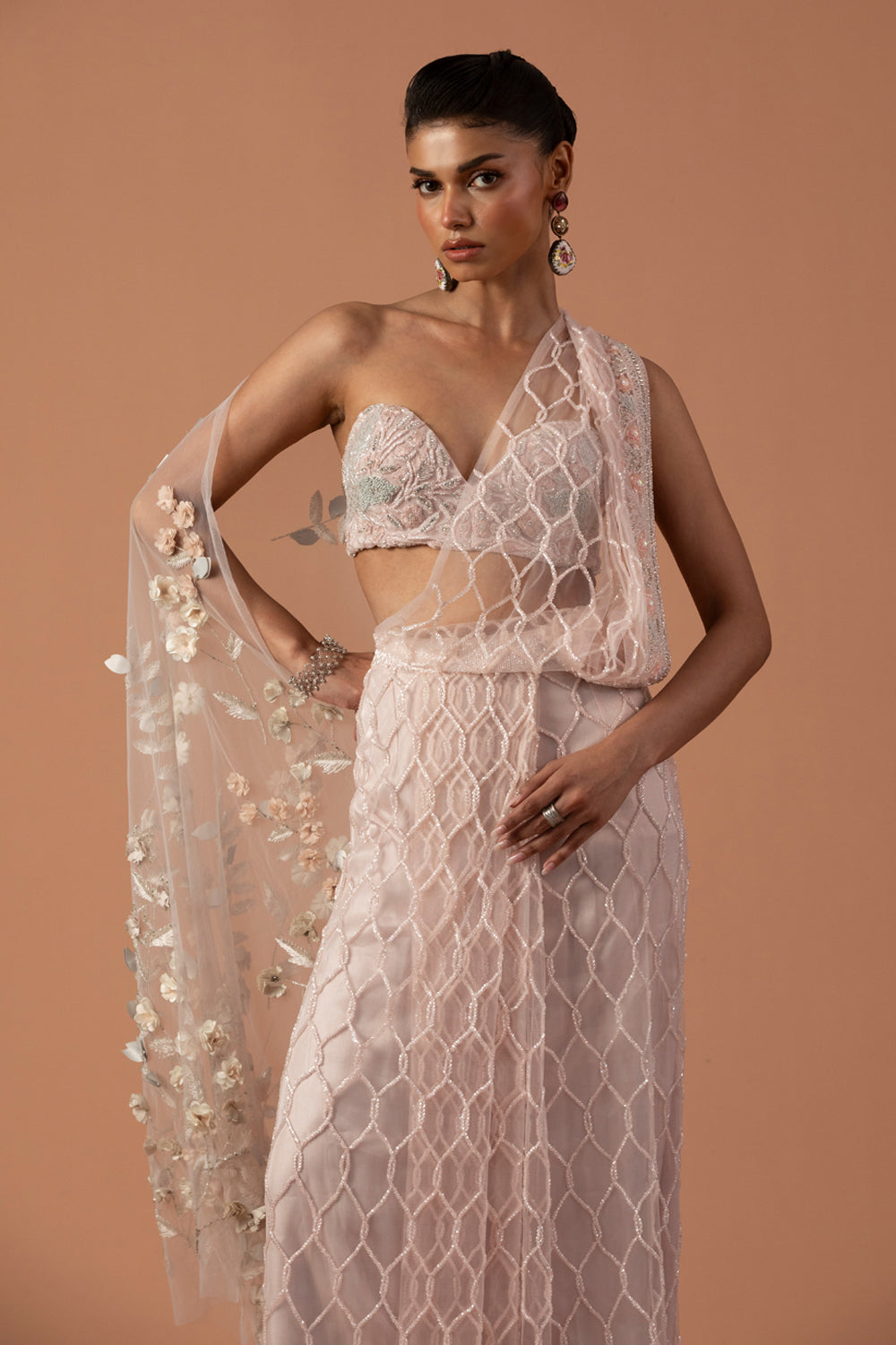 Rose Pink Drape Saree With 3D Flower Palla & Off Shoulder Thread-work Tube Blouse (Pre-stitched)
