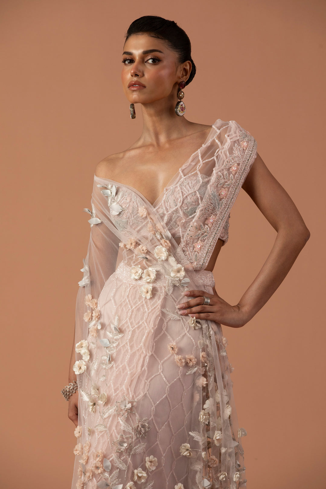 Rose Pink Pre-stitched Drape Saree With 3D Flower Palla And Off Shoulder Thread-work Tube Blouse