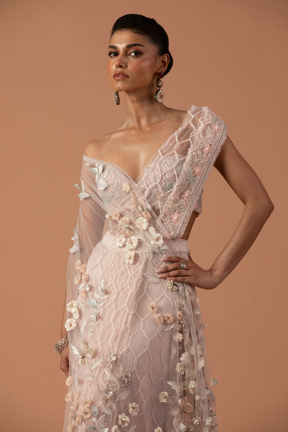 Rose Pink Drape Saree With 3D Flower Palla & Off Shoulder Thread-work Tube Blouse (Pre-stitched)