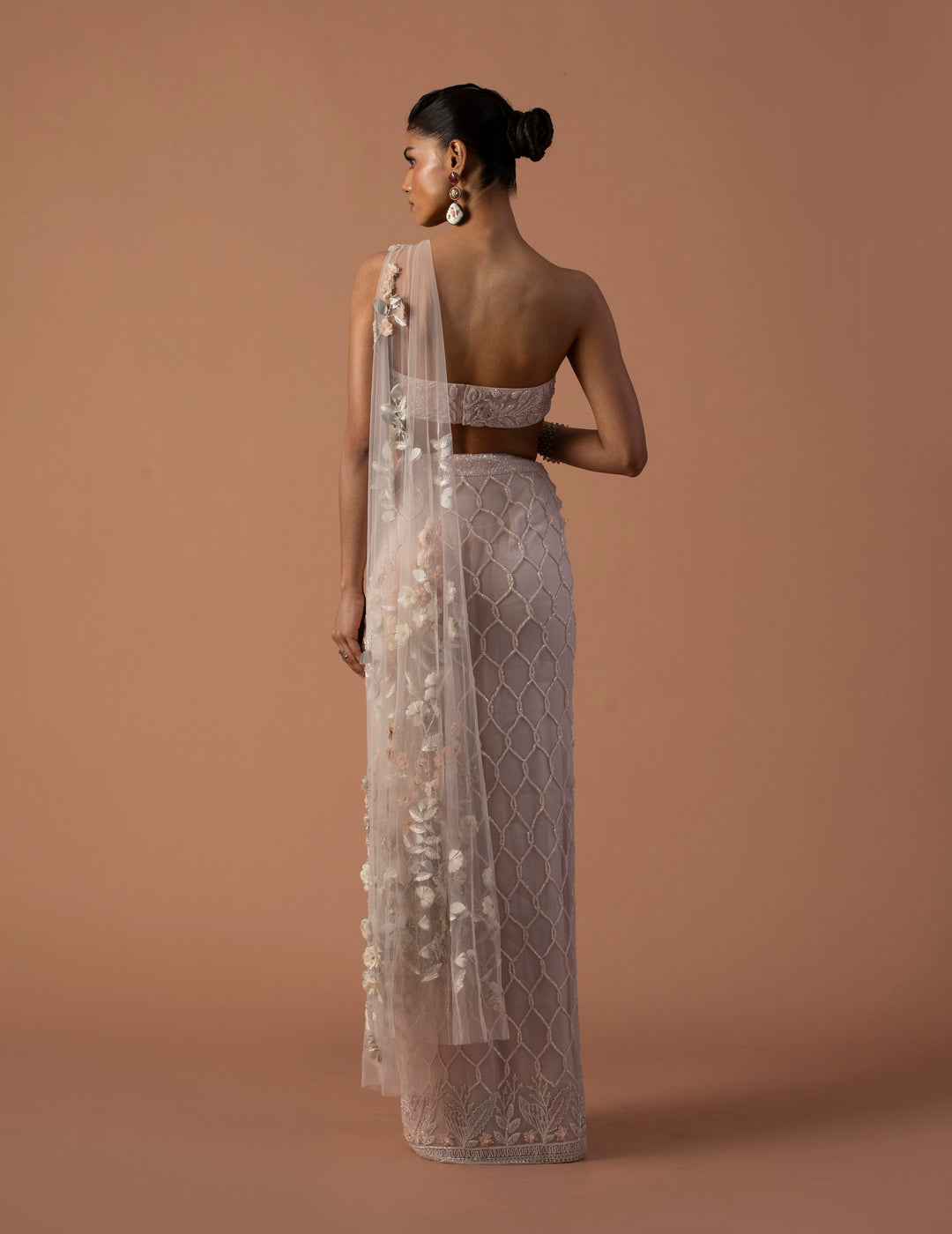 Rose Pink Pre-stitched Drape Saree With 3D Flower Palla And Off Shoulder Thread-work Tube Blouse