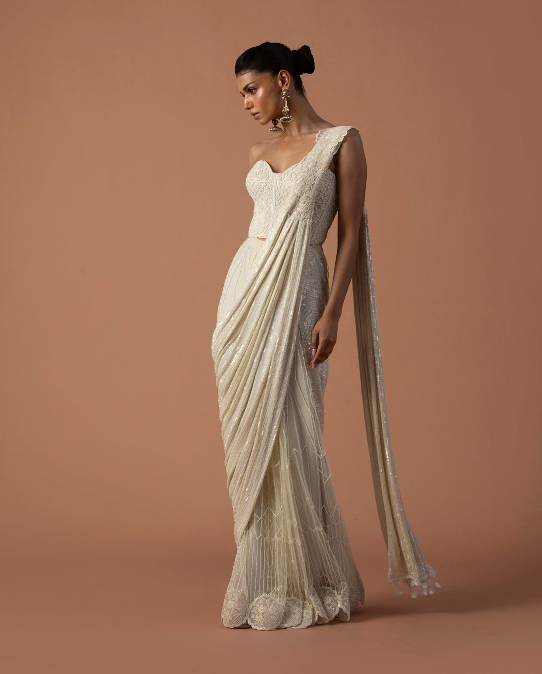 Ivory Tulle Saree With Sequins Aanchal And Beaded Corset