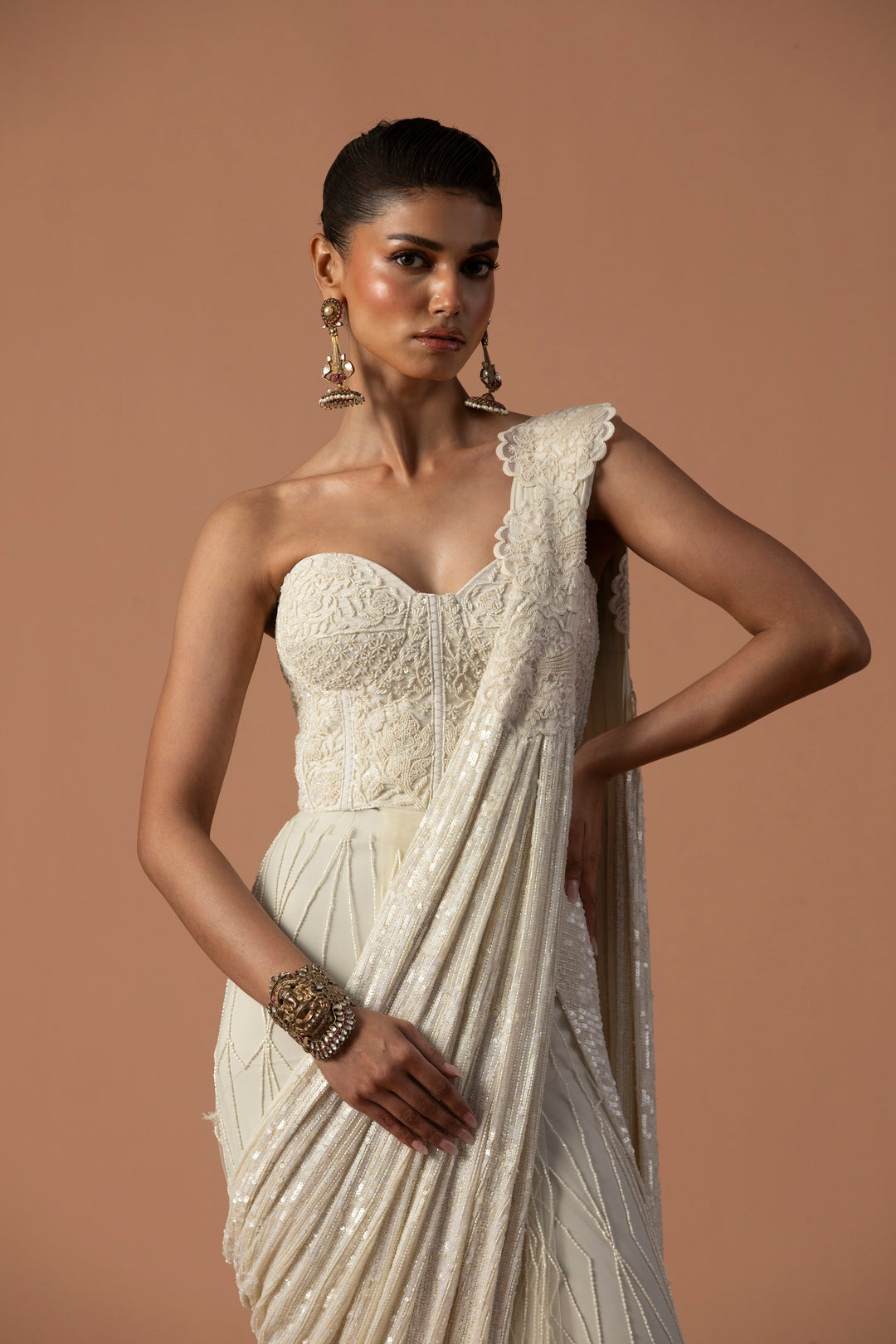 Ivory Tulle Saree With Sequins Aanchal And Beaded Corset