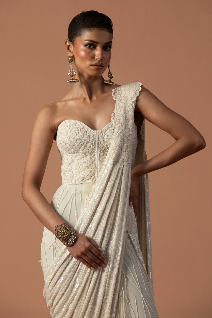 Ivory Tulle Saree With Sequins Aanchal And Beaded Corset  (Pre-stitched)